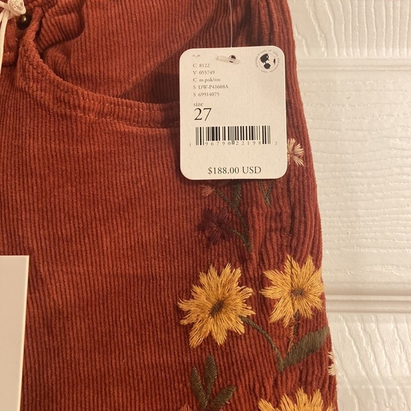 Free People Driftwood Falling Sunflower Farrah Embroidered Cord Flare Jeans - Picture 7 of 10